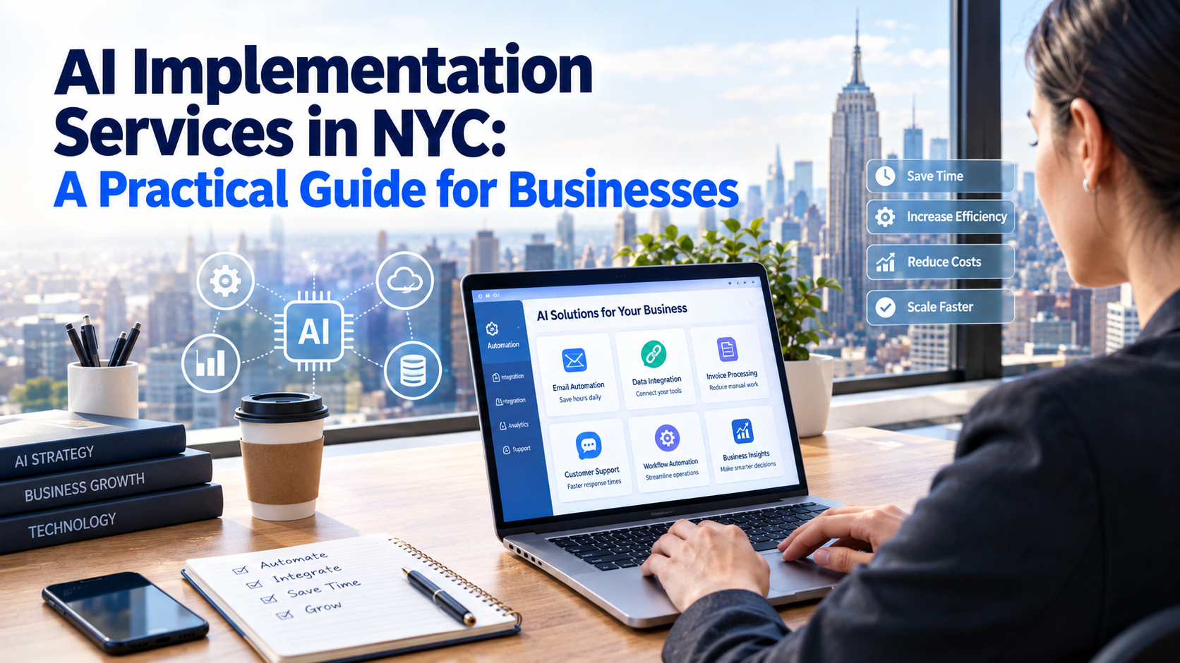 AI implementation services in NYC helping businesses integrate artificial intelligence into workflows, operations, and business processes.